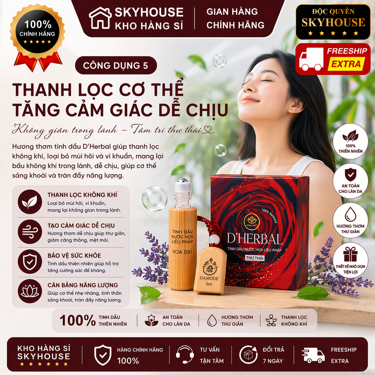 Tinh dầu nước hoa thư thái trị liệu DHERBAL độc quyền DAMODE chai 5ml tinh dầu nước hoa giảm stress chính hãng