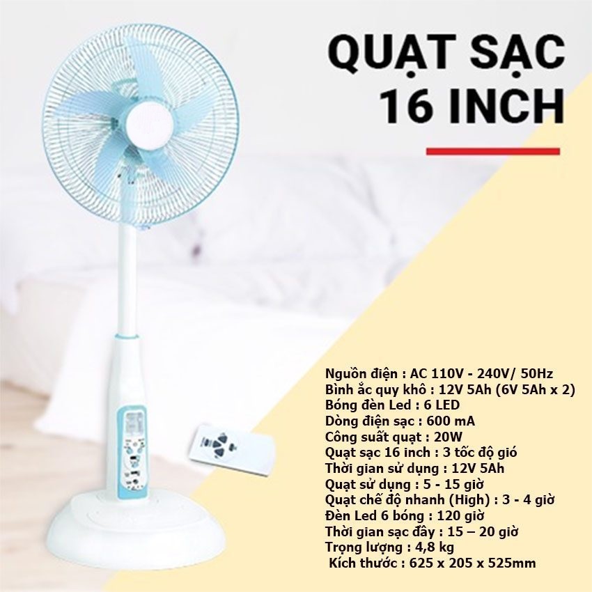 Quạt Sạc Tích Điện Kiểu Đứng Điều Khiển Remote 16 Inch HJD-FL602 Tích Hợp Đèn LED Và Cổng Sạc USB - Hàng Chính Hãng