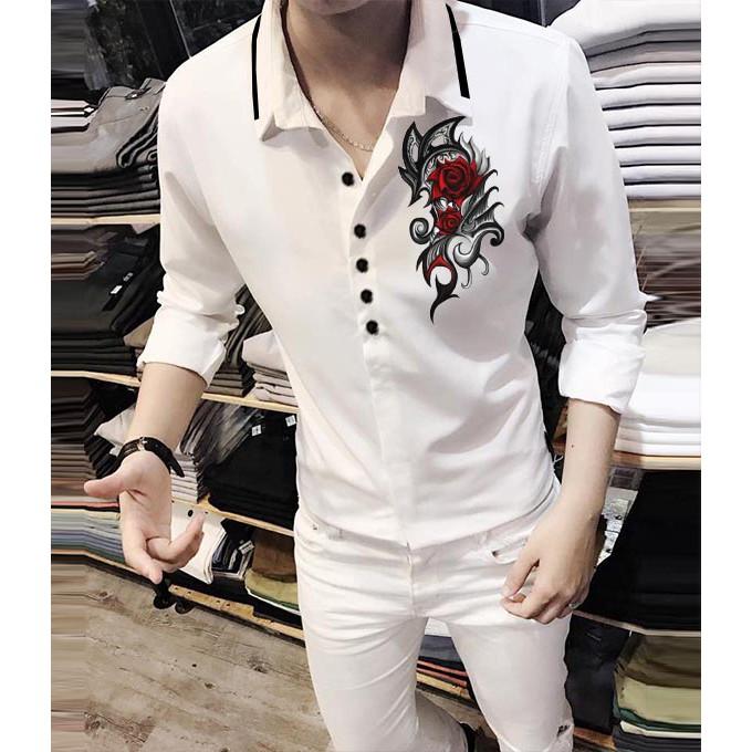 Áo Sơ Mi Nam Trắng Đẹp 5 Nút Họa Tiết Hoa Rồng Siêu Đẹp