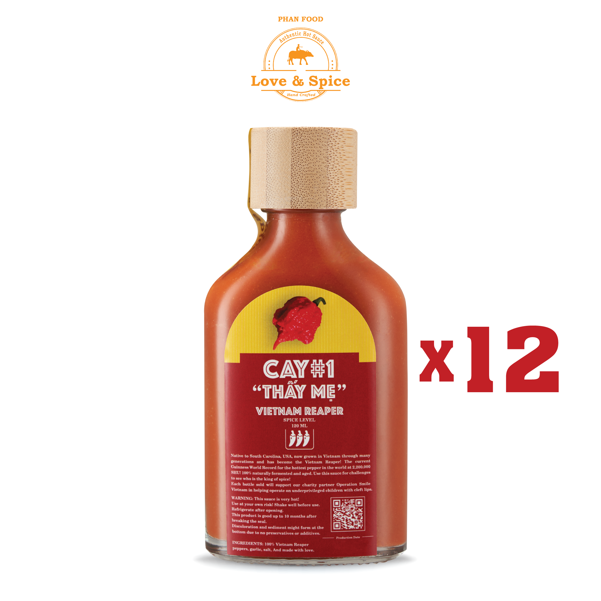 CAY #1 THẤY MẸ - Combo 12 chai tương ớt siêu cay Love &amp; Spice (cấp độ 3) lên men tự nhiên từ ớt Vietnam Reaper chai 120ml x 12