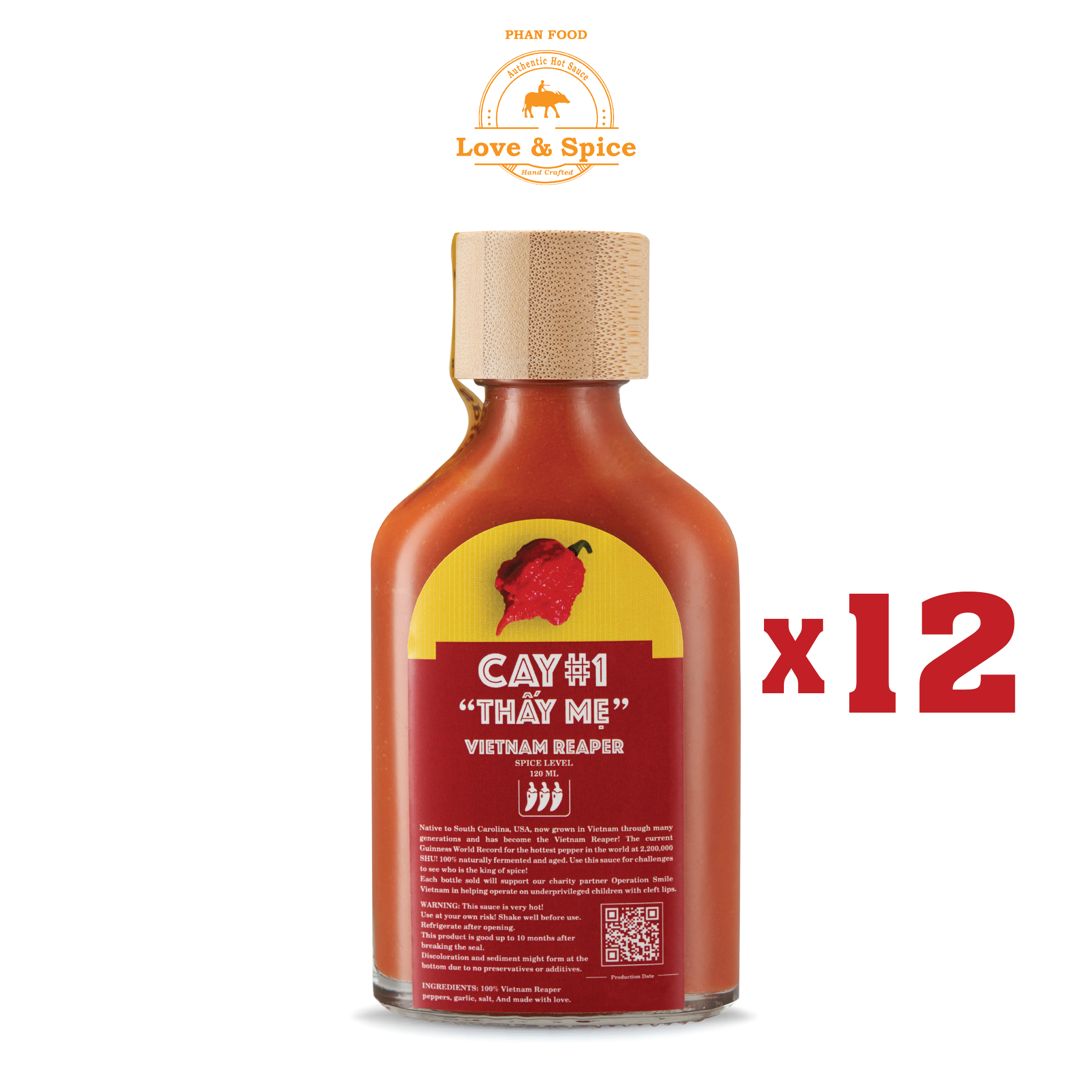 CAY #1 THẤY MẸ - Combo 12 chai tương ớt siêu cay Love & Spice  lên men tự nhiên từ ớt Vietnam Reaper chai 120ml x 12
