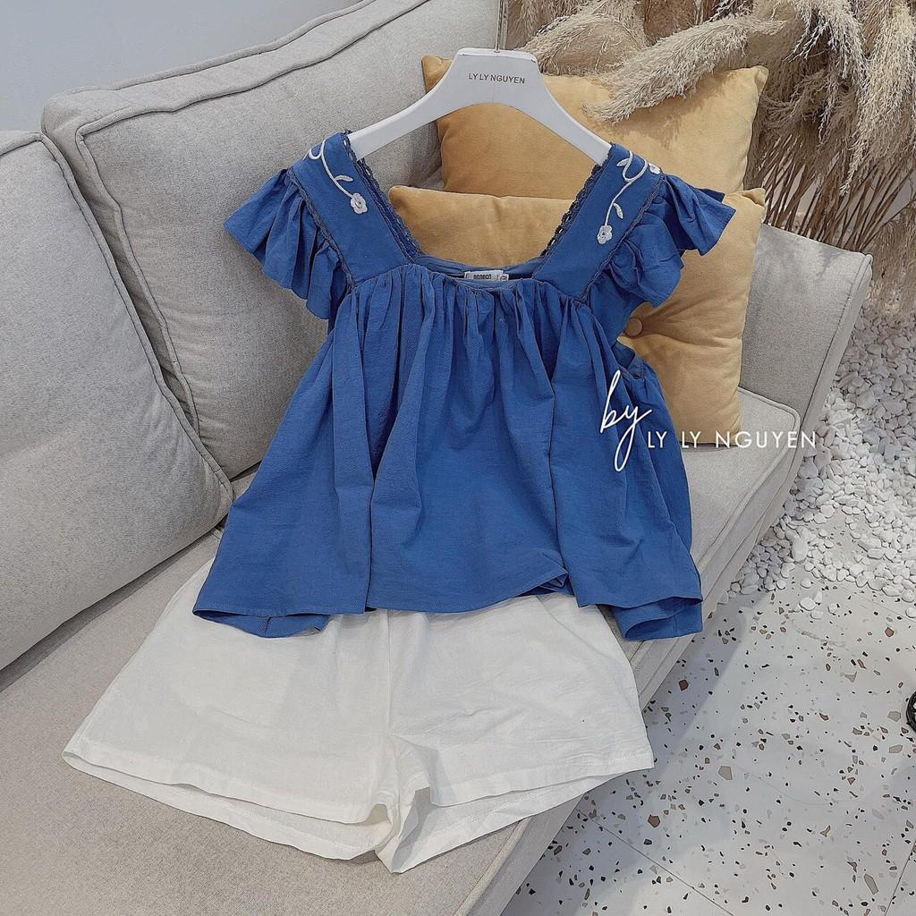 Set Áo babydoll kèm quần short trắng - Set áo babydoll cánh tiên đũi nhật thêu hoa thủ công xuất sắc