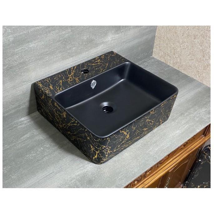 Chậu sứ lavabo để bàn hình chữ nhật có vòi trên, màu đen, họa tiết vàng đen