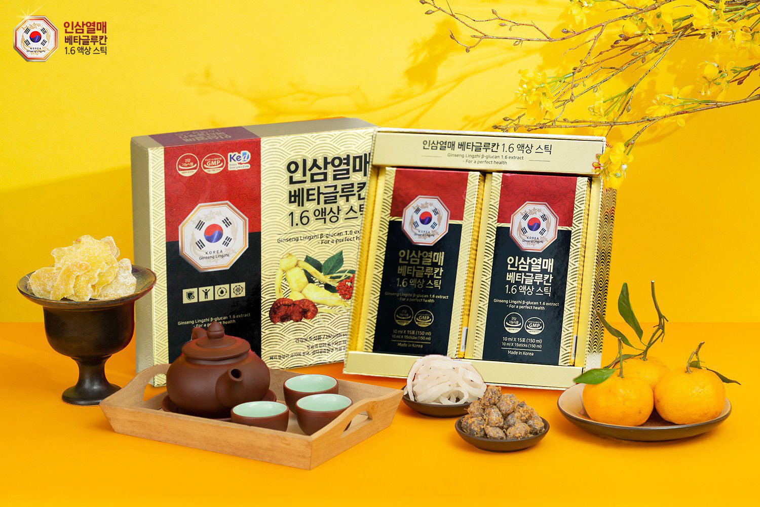 Hộp Nhân Sâm Linh Chi Beta Glucan 1.6 Extract 15 Gói Cô Đặc Của Hàn Quốc, Giúp Ngừa Ung Thứ, Cải Thiện Hệ Tiêu Hóa, Tăng Miễn Dịch, Bồi Bổ Cơ Thể, Làm Đẹp Da