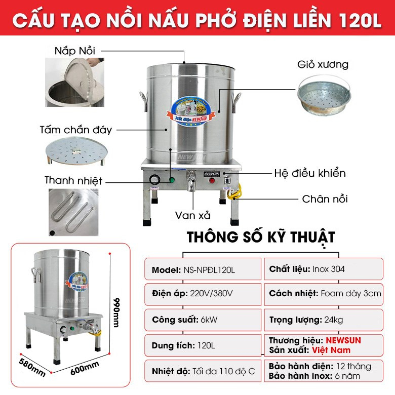 Nồi Nầu Phở Điện Liền Nồi NEWSUN 120L - Hàng chính hãng
