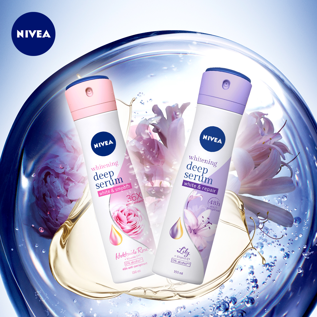 Bộ đôi Xịt Ngăn Mùi Nivea Serum Trắng Mịn Hương Hoa Hồng Hokkaido (150ml) 85304 &amp; Xịt Ngăn Mùi Nivea Serum Trắng Mịn Hương Hoa Lily (150ml) 85312