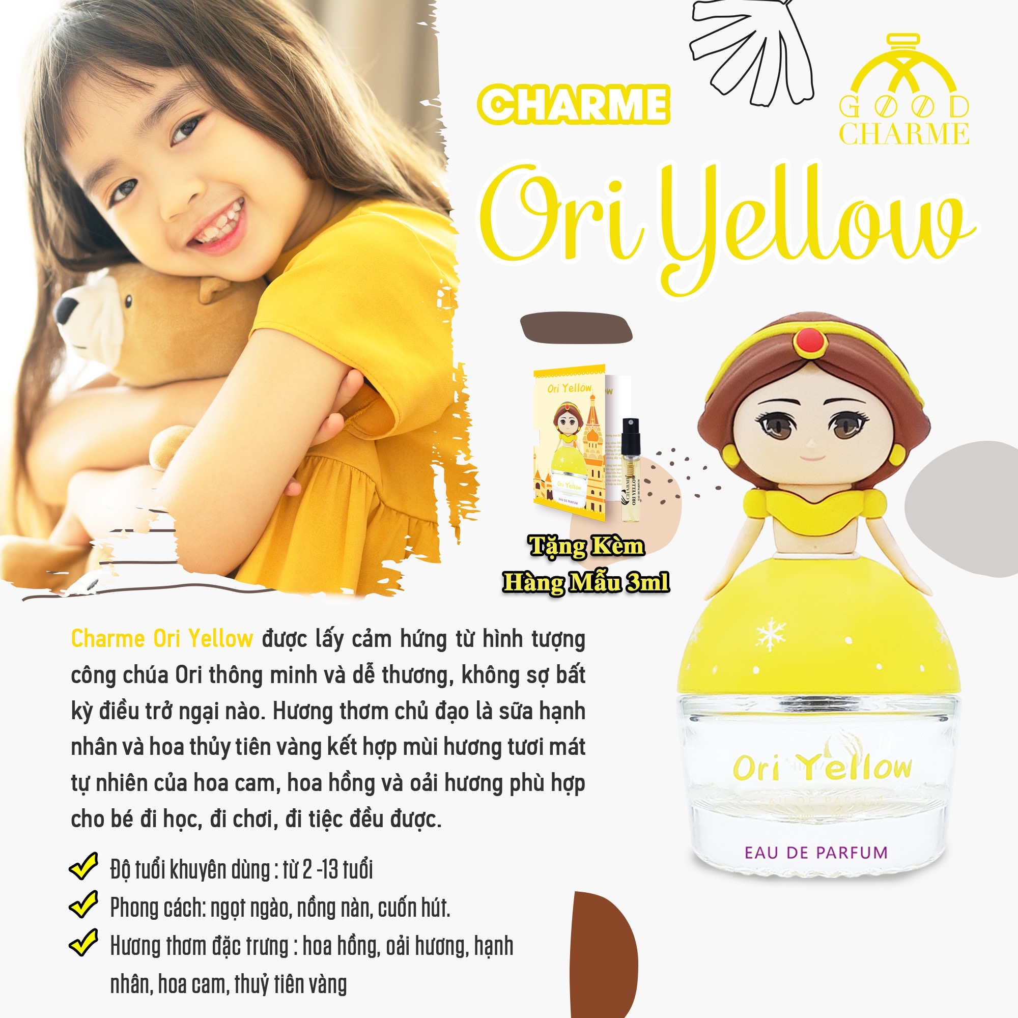 Dầu thơm cho bé, Charme Ori Yellow, nhẹ nhàng, an toàn, tạo điểm nhấn cho bé trong buổi tiệc, 30ml