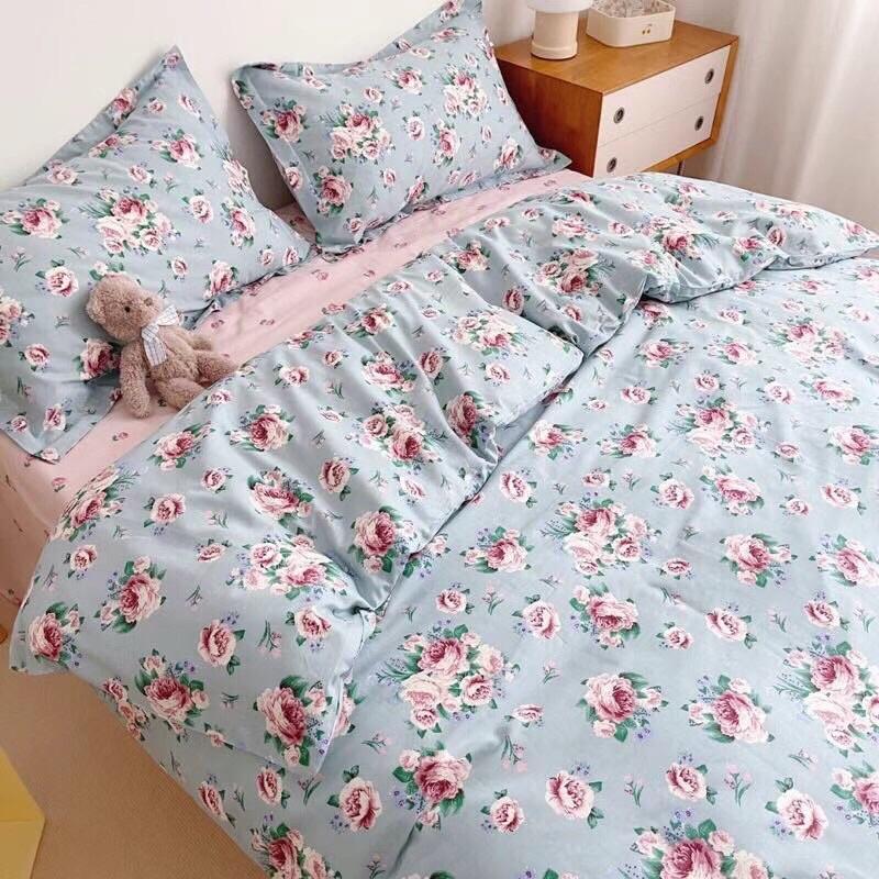 Set Cotton LiVing100%cotton Nhập Khẩu Cao Cấp Mẫu Mới về 4 Món Hoa nhí Xanh Vintage