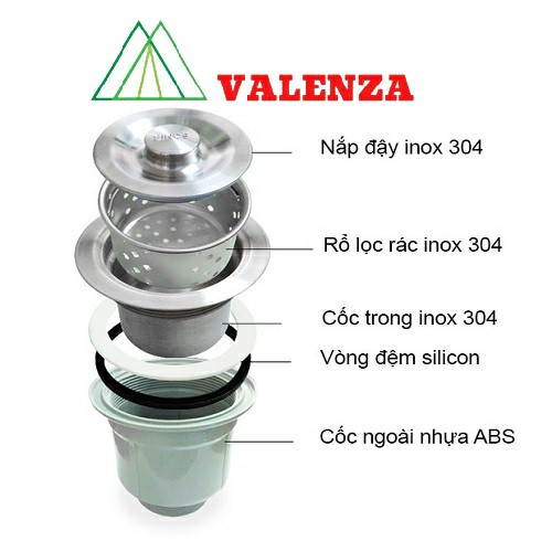 Chậu rửa bát Valenza sus304 8245 hố cân, vòi rửa bát lò xo cần mềm nóng lạnh, xả, rổ, bình xà phòng