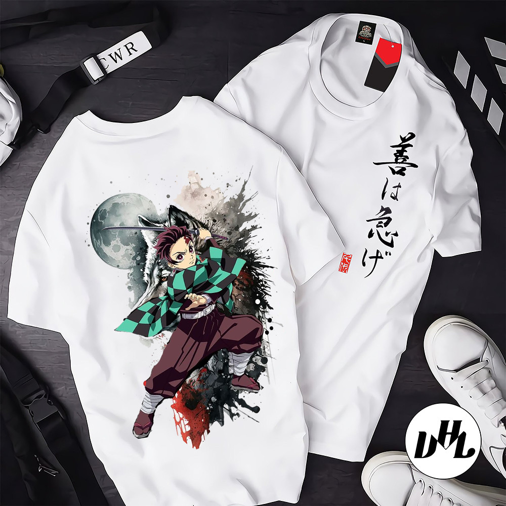 Áo thun trắng Anime, Manga Thanh g diệt quỷ Tanjiro mặt trăng, Unisex Nam Nữ có Size áo từ 25-95kg