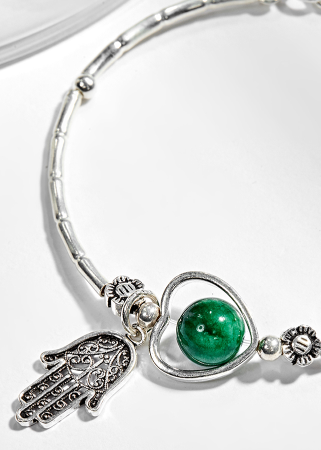 Vòng Tay Bạc 1 Hạt Đá Cẩm Thạch Phối Charm Bàn Tay Hamsa Bạc Ngọc Quý Gemstones