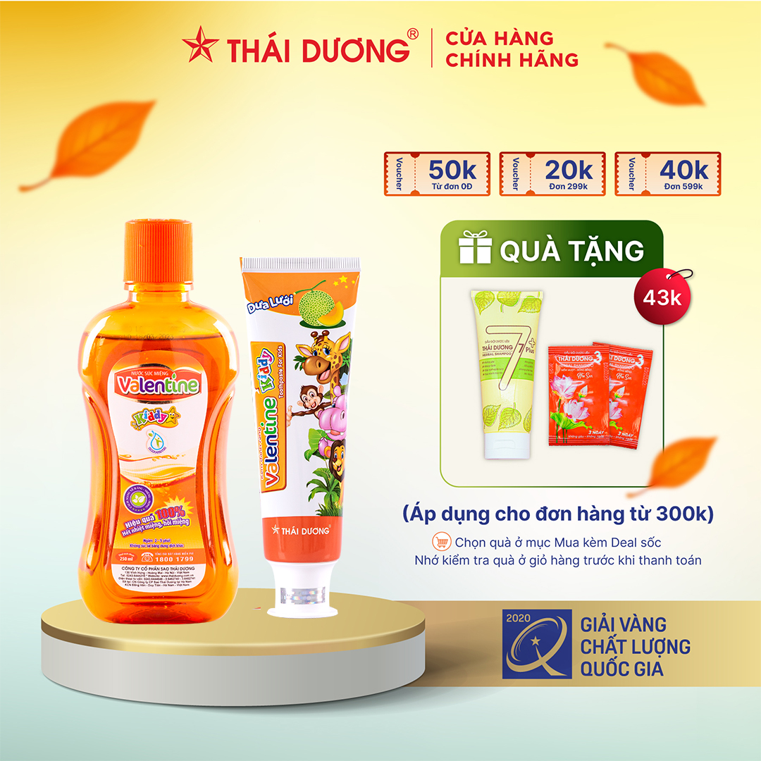 Bộ vệ sinh răng miệng dành cho trẻ em - Kem đánh răng Valentine Kiddy 50g & Nước súc miệng Valentine Kiddy 250ml