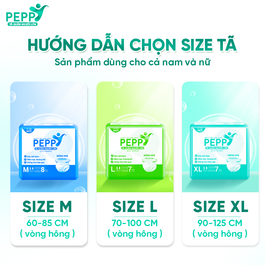 Combo 10 gói Tã/Bỉm Quần Người Lớn, Người Già Peppy Siêu Mỏng, Siêu Thấm, Mềm Mại, Kháng Khuẩn Size M8/L7/XL8