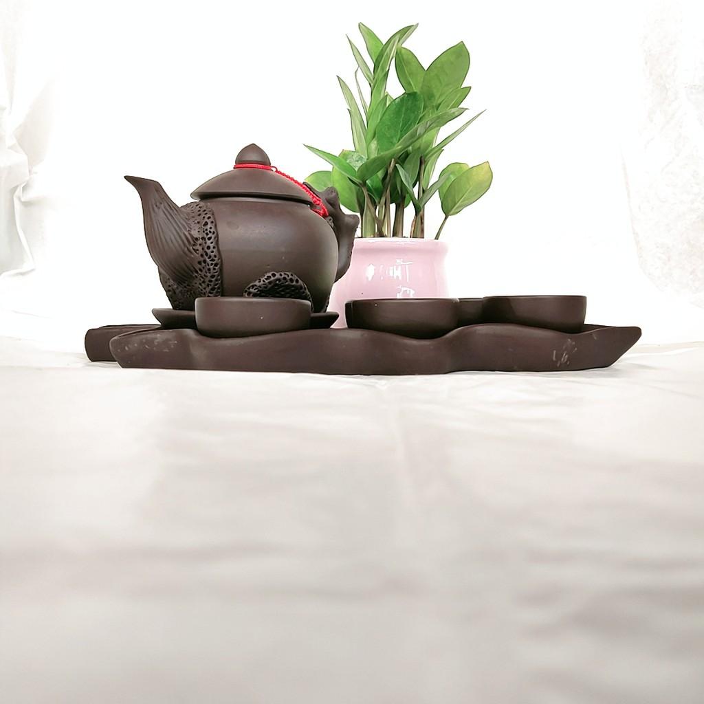 Bộ ấm trà tử sa - Bộ đắp nổi khay hình lá cỡ to - Dung tích 650 ml