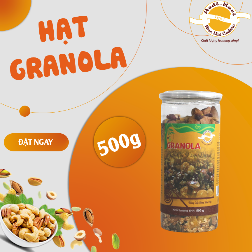 Hũ Granola vị tự nhiên siêu hạt siêu trái cây, ăn vặt, giảm cân 500g