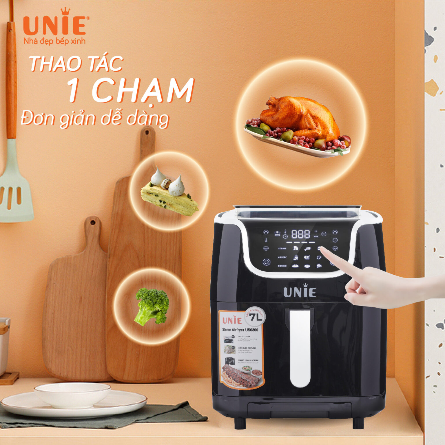 Nồi Chiên Hơi Nước Unie STEAM US6800 Tiêu Chuẩn Đức Công Suất 1700W Dung Tích 7L- Hàng Chính Hãng