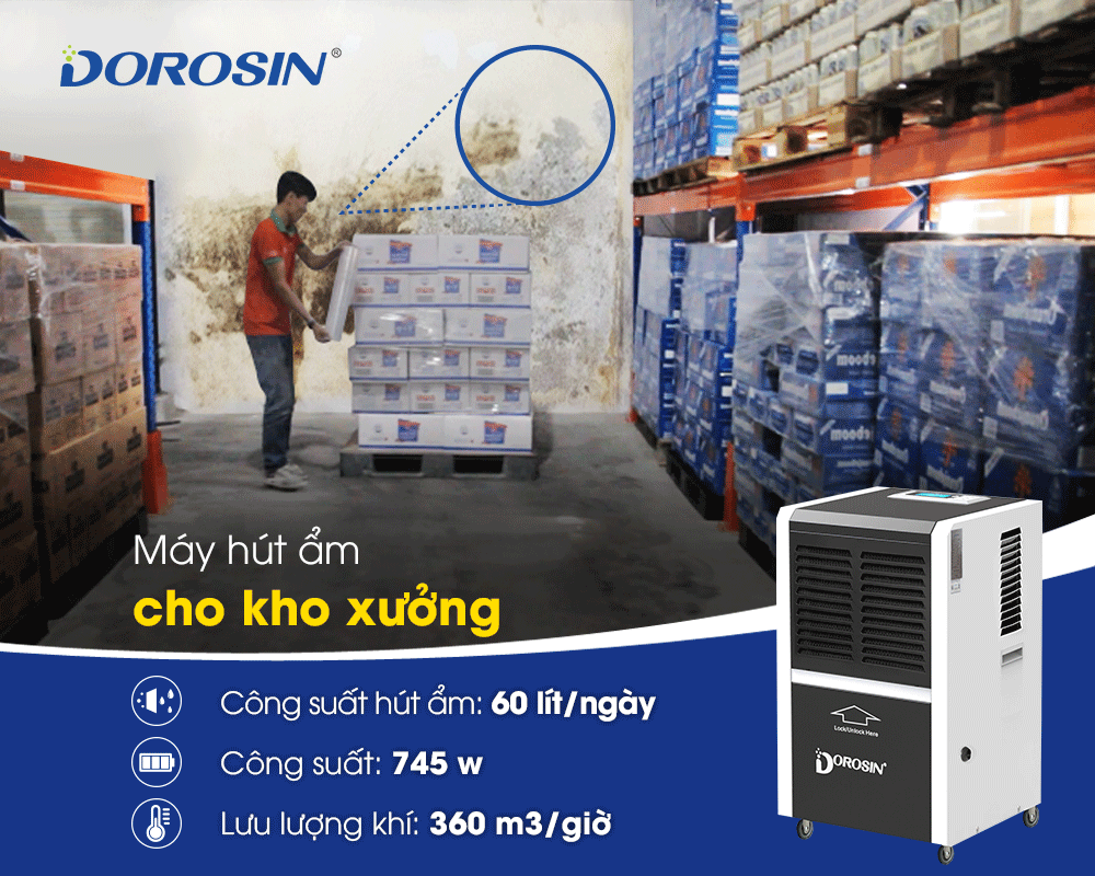 Máy hút ẩm công nghiệp Dorosin Airko - diện tích dùng 80-120m2 - công suất 60 lít/24 giờ - dùng cho nhà xưởng, phòng y tế - Hàng nhập khẩu chính hãng