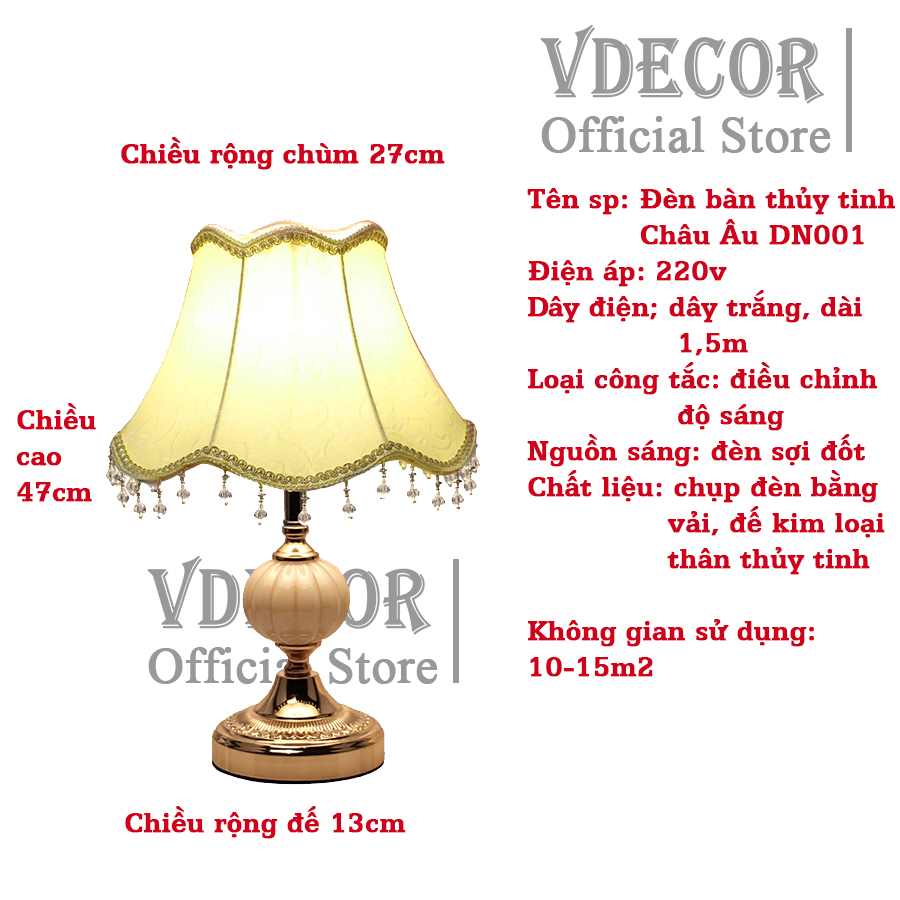 (Hàng chính hãng) Đèn ngủ để bàn Vdecor cao cấp chao vải gia công chi tiết DN001