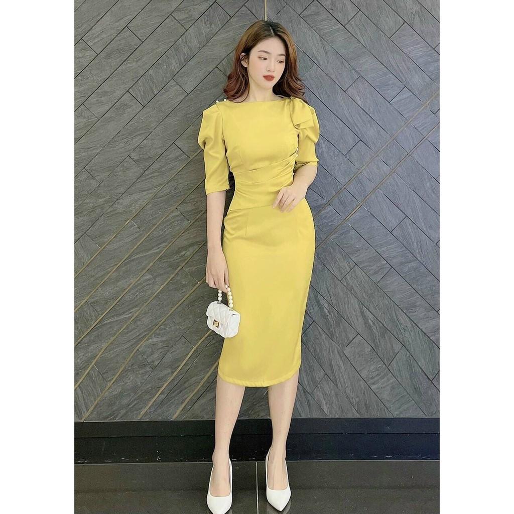 Đầm body trơn thần thánh tay phồng đính cườm cực sang chảnh