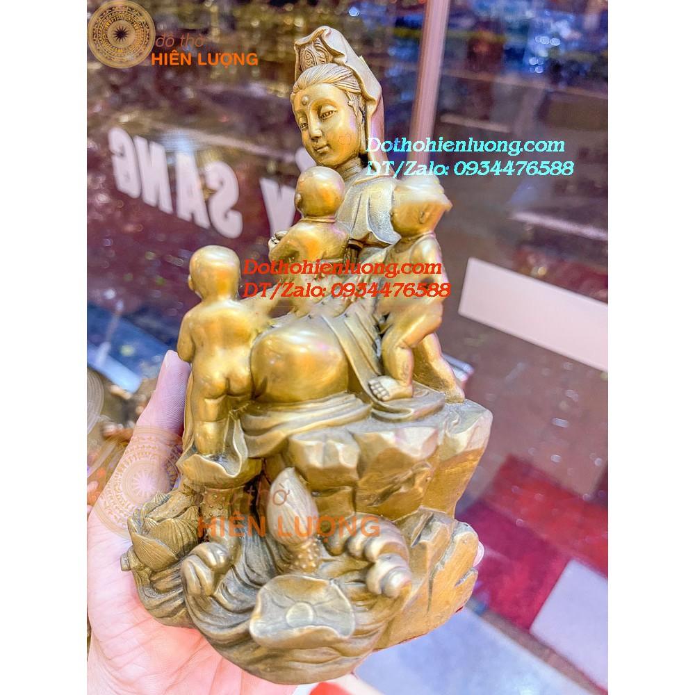 Tượng Phật Bà Quan Âm Cùng 05 Đứa Trẻ Ngũ Phúc Bằng Đồng Vàng Nguyên Chất Cao 18cm, Nặng 1,3kg