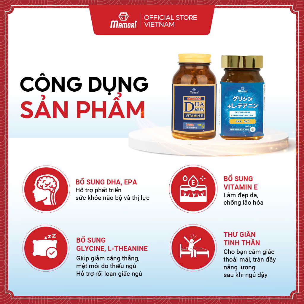 Combo Viên Uống Mamori DHA-EPA và Glycine L-theanine Giúp Tăng Cường Trí Nhớ, Cải Thiện Giấc Ngủ sâu, thư giãn