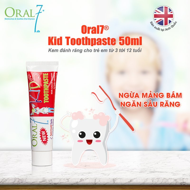 Kem đánh răng trẻ em Oral7 nuốt được, vị trái cây 50ml (cho bé từ 3-12 tuổi)