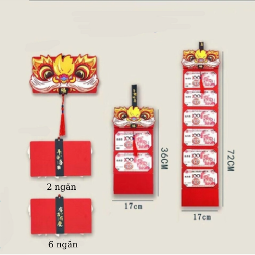 Bao Lì Xì Tết Hình Đầu Mèo Sư Tử Gấp Gọn, 2 Ngăn-6 Ngăn Sang Trọng Sáng Tạo GD617-LixiDay-2ngan