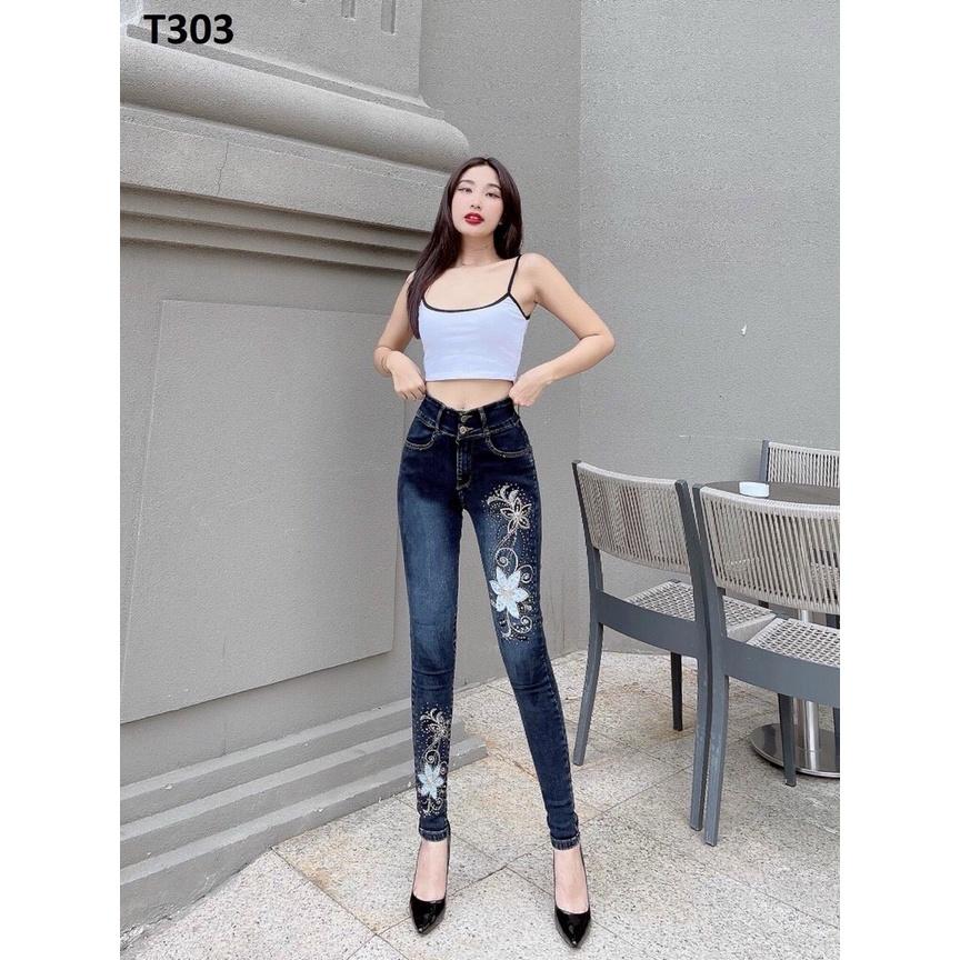 Quần Jeans Nữ lưng Cao Thêu Hoa Co Giãn Cao Cấp
