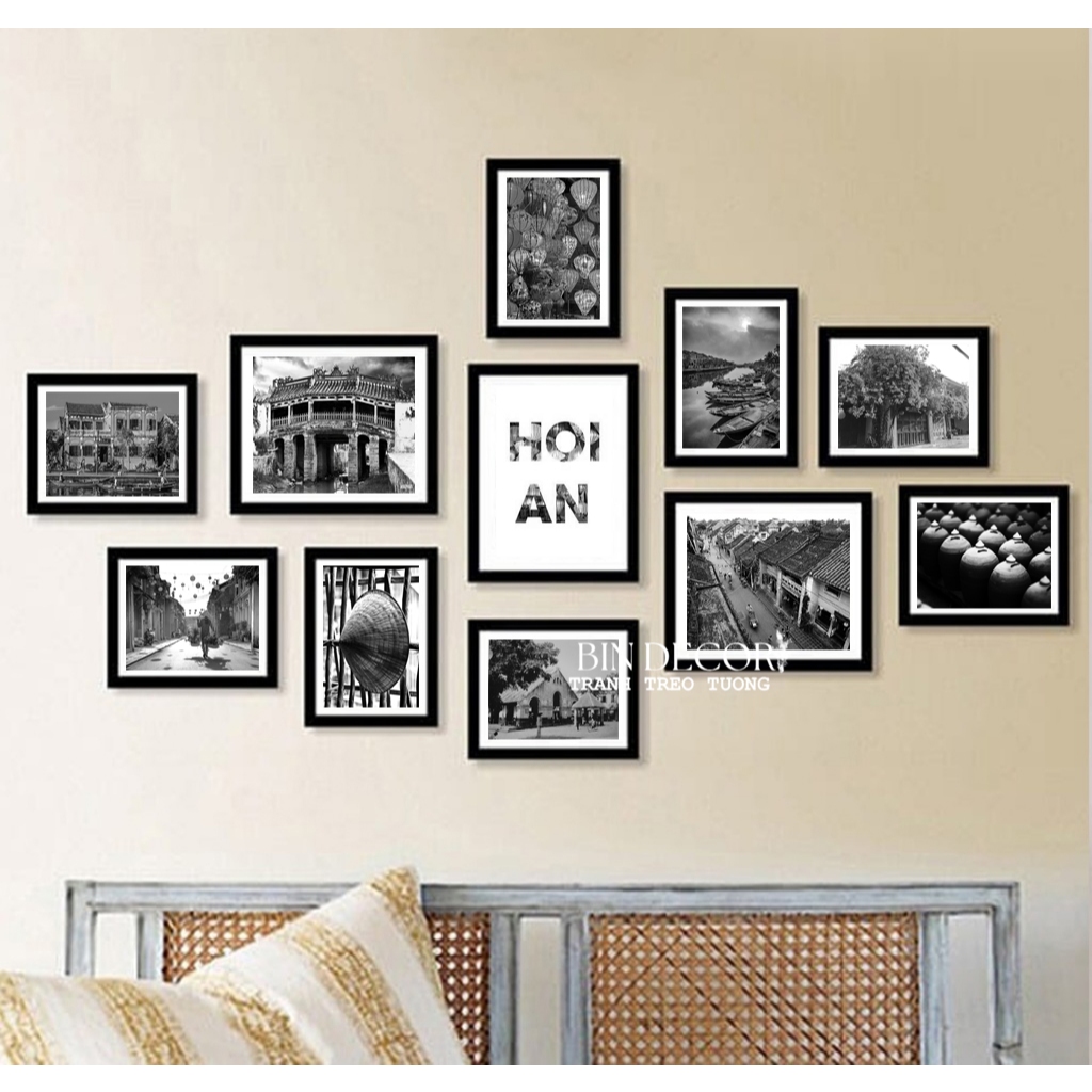 Bộ 11 khung ảnh treo tường hội an trắng đen có khung trang trí decor quán kèm đinh chuyên dụng