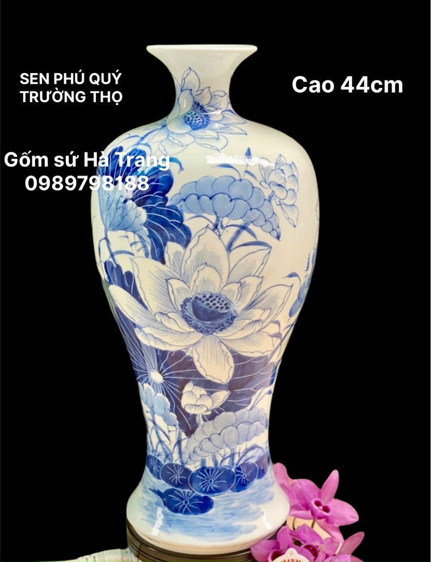 Mai bình tích lộc gốm sứ Bát Tràng cao cấp men lam cao 44cm hoạ tiết sen phú quý trường thọ