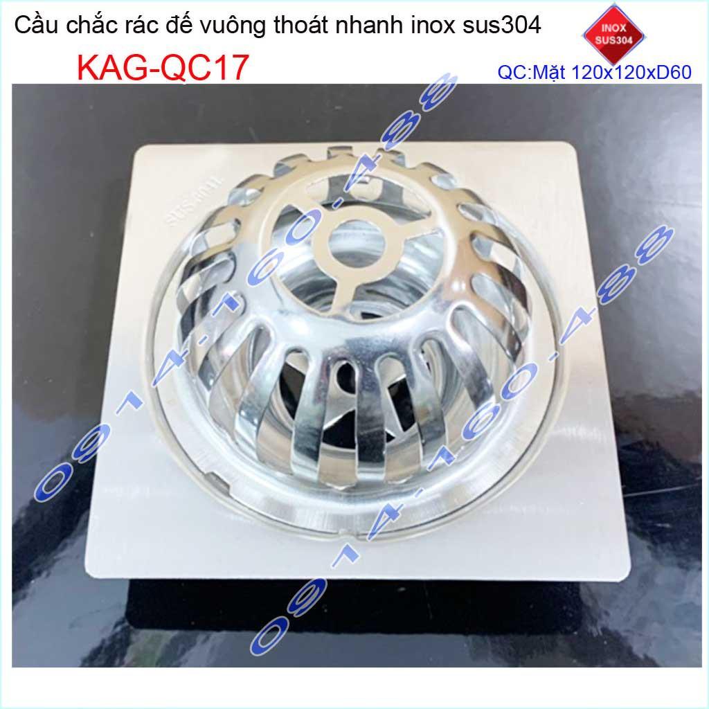 Cầu chắn rác đế vuông 12x12cm D60 KAG-QC17, Phễu thoát nước sân thượng SUS304 ống 6cm thoát nhanh chắn rác tốt