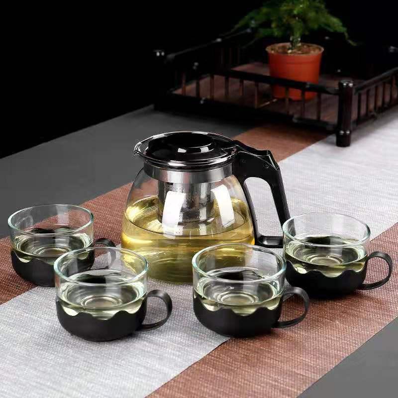 Bộ Ấm Trà Thủy Tinh Có Lưới Lọc Kèm 4 Cốc Chống Nóng Cao Cấp