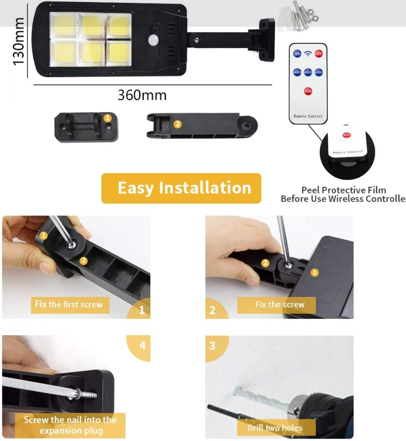 Đèn năng lượng mặt trời liền thể 120 LED COB siêu sáng (cảm biến chuyển động, cảm biến ánh sáng, công suất 60w) - có điều khiển