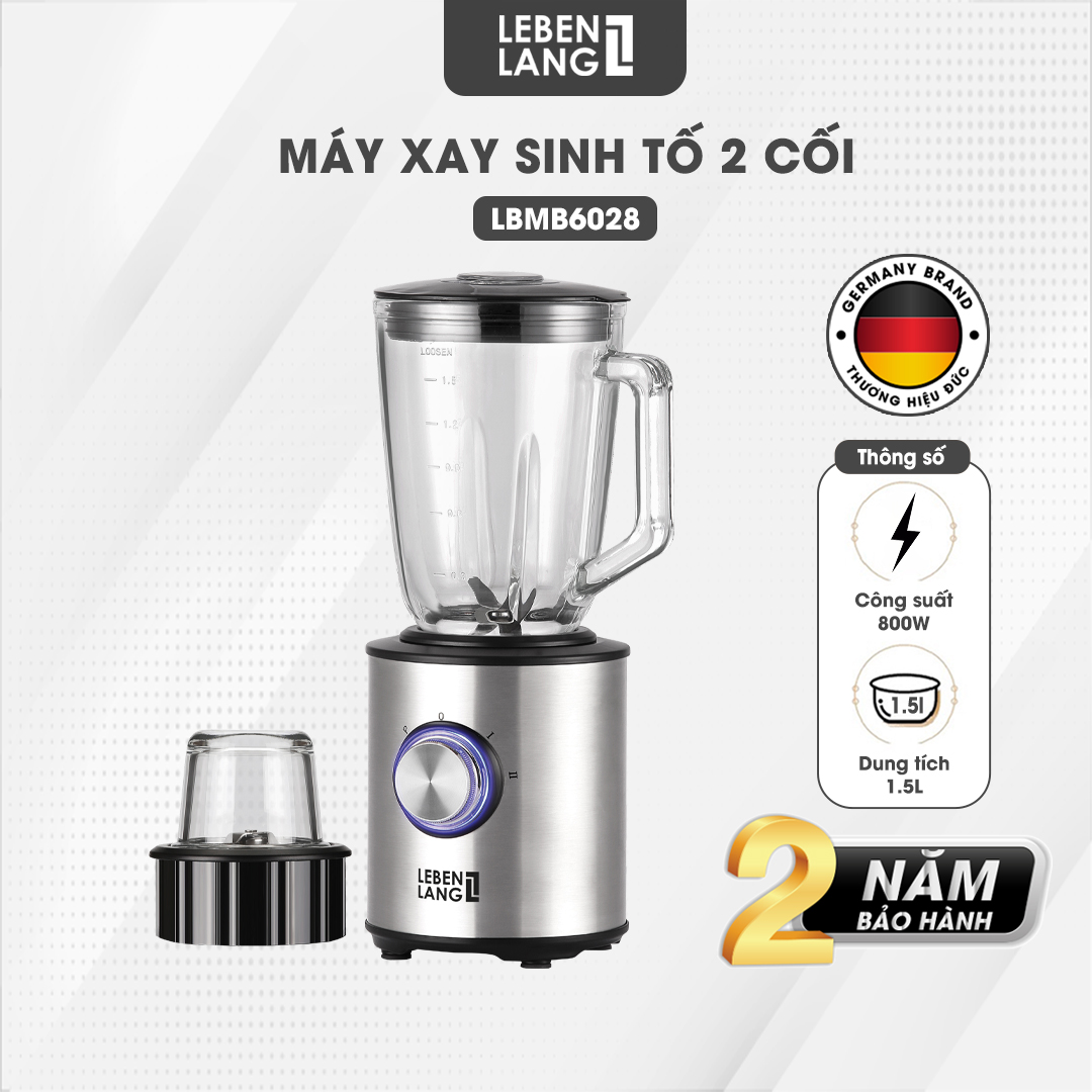 Máy xay sinh tố LEBENLANG gồm 2 cối xay tích hợp bình chứa dung tích 1,5l, công suất 800W, model LBMB6028 - hàng chính hãng