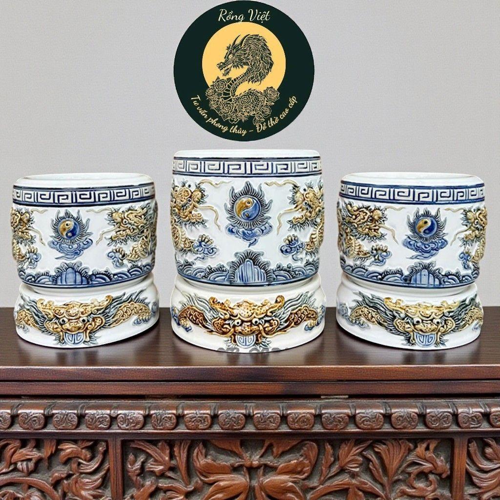 Bát Hương Gốm Sứ Bát Tràng RỒNG VIỆT, Lư Hương Thờ Cúng Cao Cấp Đắp Nổi Rồng Phượng Men Trắng