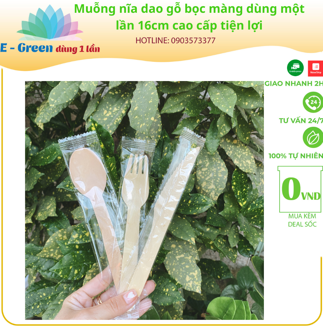 Túi 20 Muỗng nĩa dao gỗ bọc màng dùng một lần 16cm cao cấp tiện lợi - Egreen dùng 1 lần