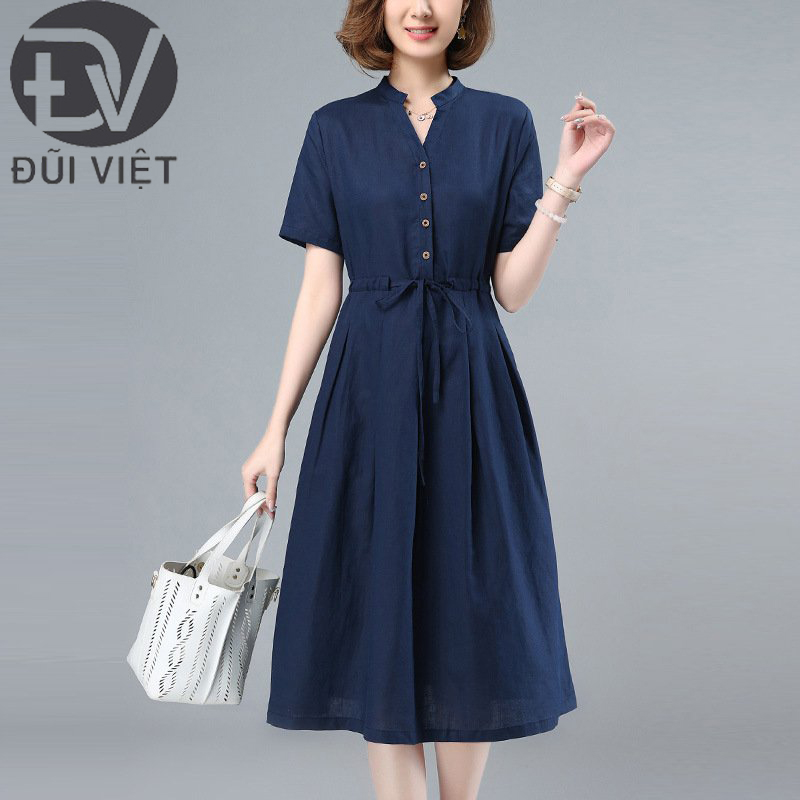 Đầm Linen công sở, Váy midi nữ cổ V ngắn tay chất linen mềm Đũi Việt