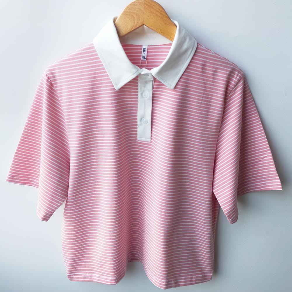 Áo croptop polo nữ tay ngắn kẻ sọc, chất vải 100% cotton, phong cách trẻ trung và thời trang cho mùa hè - Trắng trơn