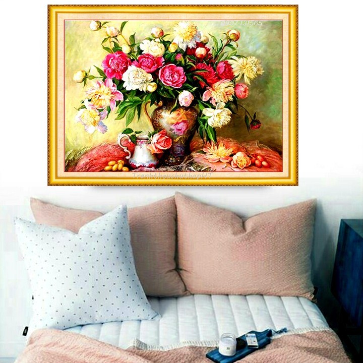 Tranh đính đá bình hoa cổ VS338 - 75 x 55 cm - chưa đính