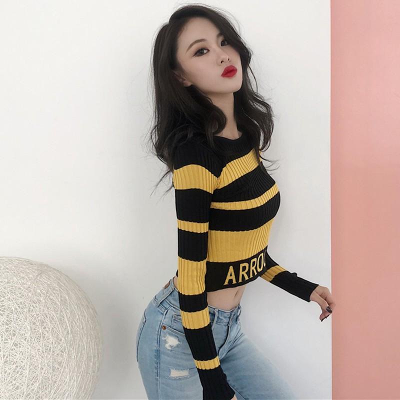 Áo thun nữ tay dài kẻ sọc in chữ phong cách Hàn Quốc