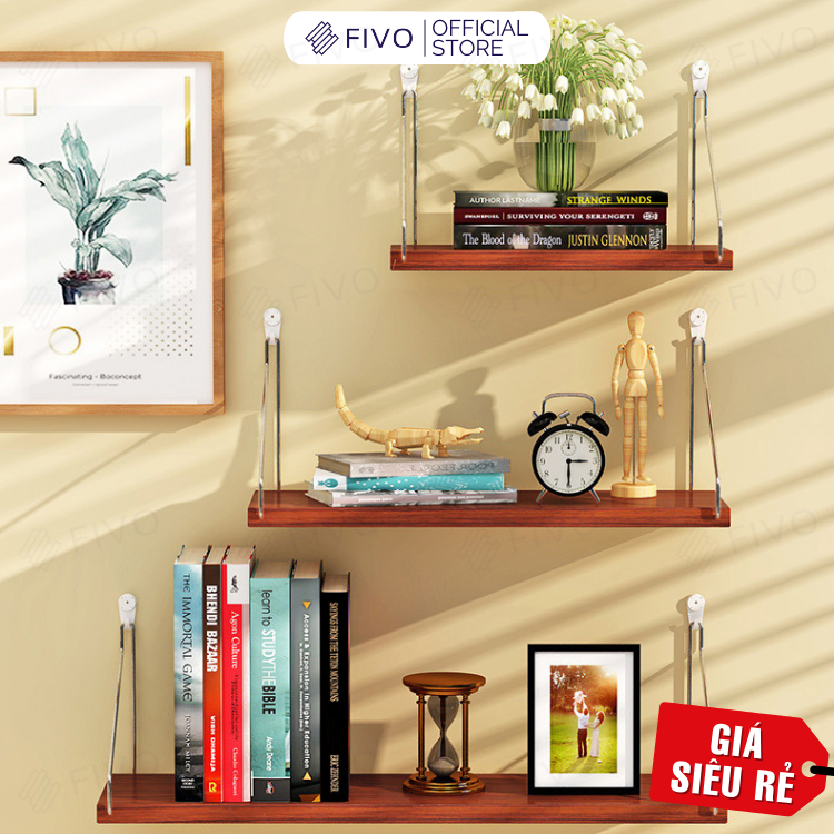 Giá Sách Treo Tường Trang Trí Fivo Mã Fb40 Không Cần Khoan Tặng Kèm Đinh 4 Chân Chịu Lực Lên Đến 10Kg Với Móc Inox Dễ Dàng Gắn Lên Tường - Set 3 Kệ Nâu - Đinh 4 Chân