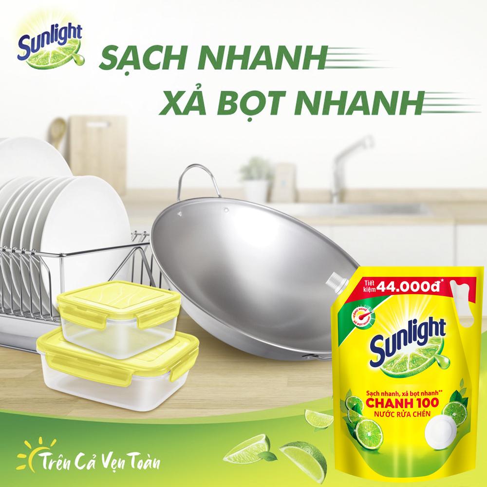 Nước Rửa Chén Bát Sunlight Chanh 100 Sạch Nhanh Xả Bọt Nhanh Rửa Sạch Dầu Mỡ - Túi 3.5KG