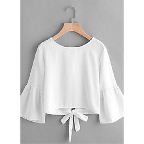 Áo croptop trắng cổ tròn tay bèo thắt nơ sau nhẹ nhàng, dễ thương.
