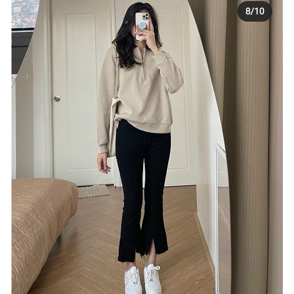 Quần Jean Ống Loe Lưng Cao Co Giãn Cắt Gấu Hàng Cao Cấp ThunderUnisex Quần Bò Ống Loe Rách Gấu Nữ Fullsize Co Giãn