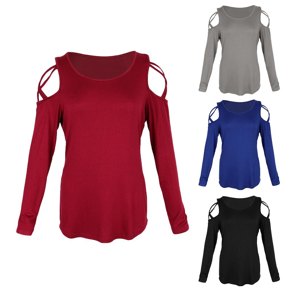 Women Solid Strappy Cold Shoulder Tops Long Sleeves T Shirt Blouse