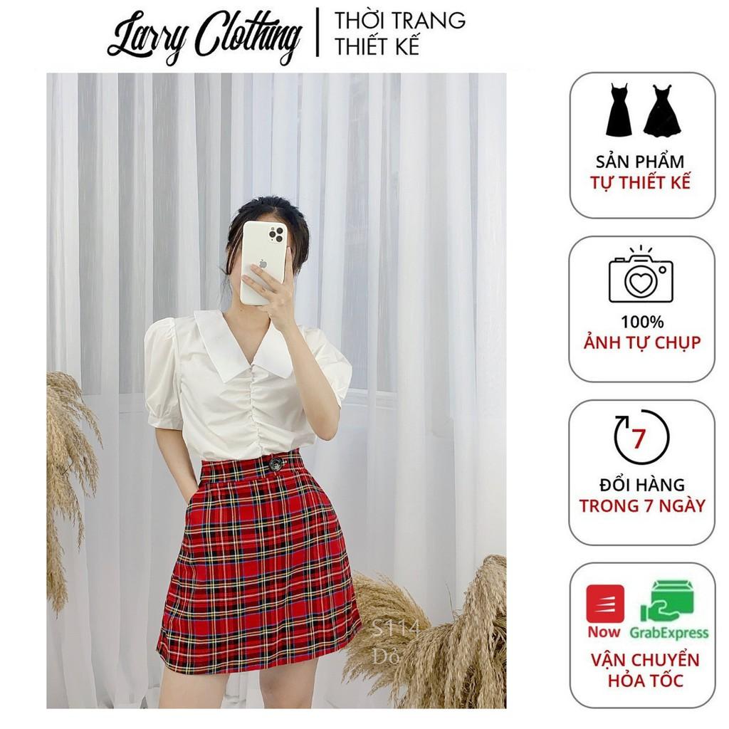 Set Áo Trắng Cách Điệu Chân Váy Kẻ Nhiều Màu Hàn Quốc Larry Clothing S114
