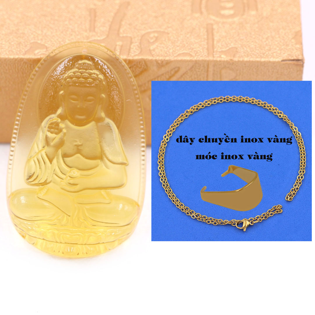 Mặt Phật A di đà 5 cm (size XL) thuỷ tinh vàng kèm móc và dây chuyền inox vàng, Mặt Phật bản mệnh