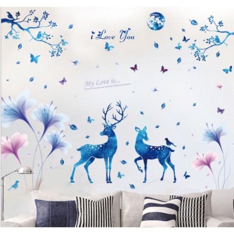 Decal dán tường đôi nai xanh và pha lê tím