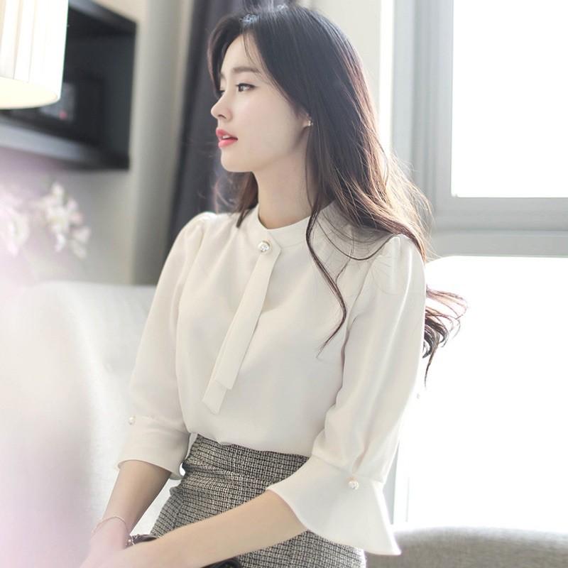 MS051 Áo sơ mi cổ trụ đính ngọc tay lỡ thanh lịch