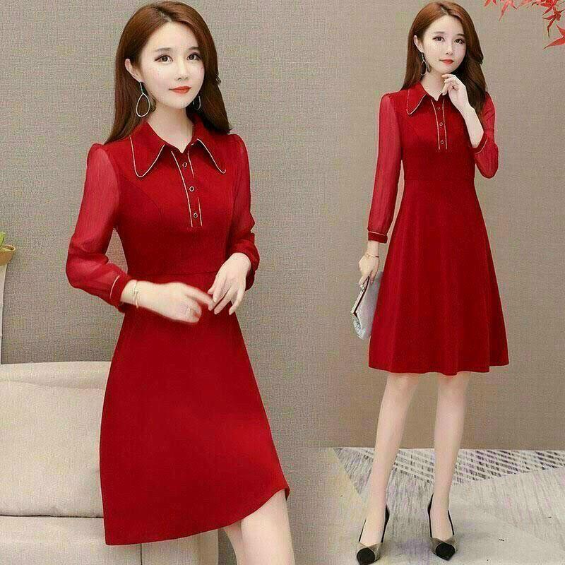 ĐẦM XÒE MÀU ĐỎ TƯƠI TẮN, THIẾT KẾ CỔ SƠ MI, TAY DÀI THANH LỊCH